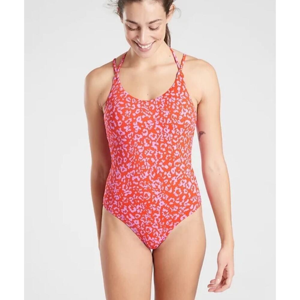 Athleta | Pink/Red Leopard Print Cross Straps Keyhole  Preppy One Piece Swimsuit